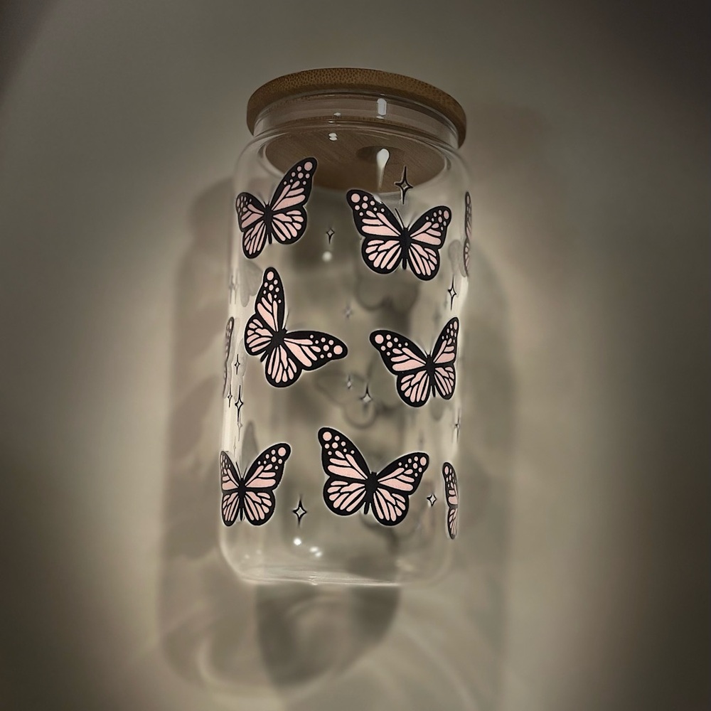 Pink butterfly 16oz glass cup